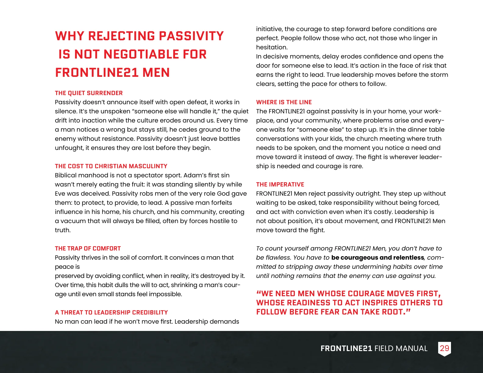 An interior page of the Frontline21 Field Manual, the chapter on rejecting passivity.