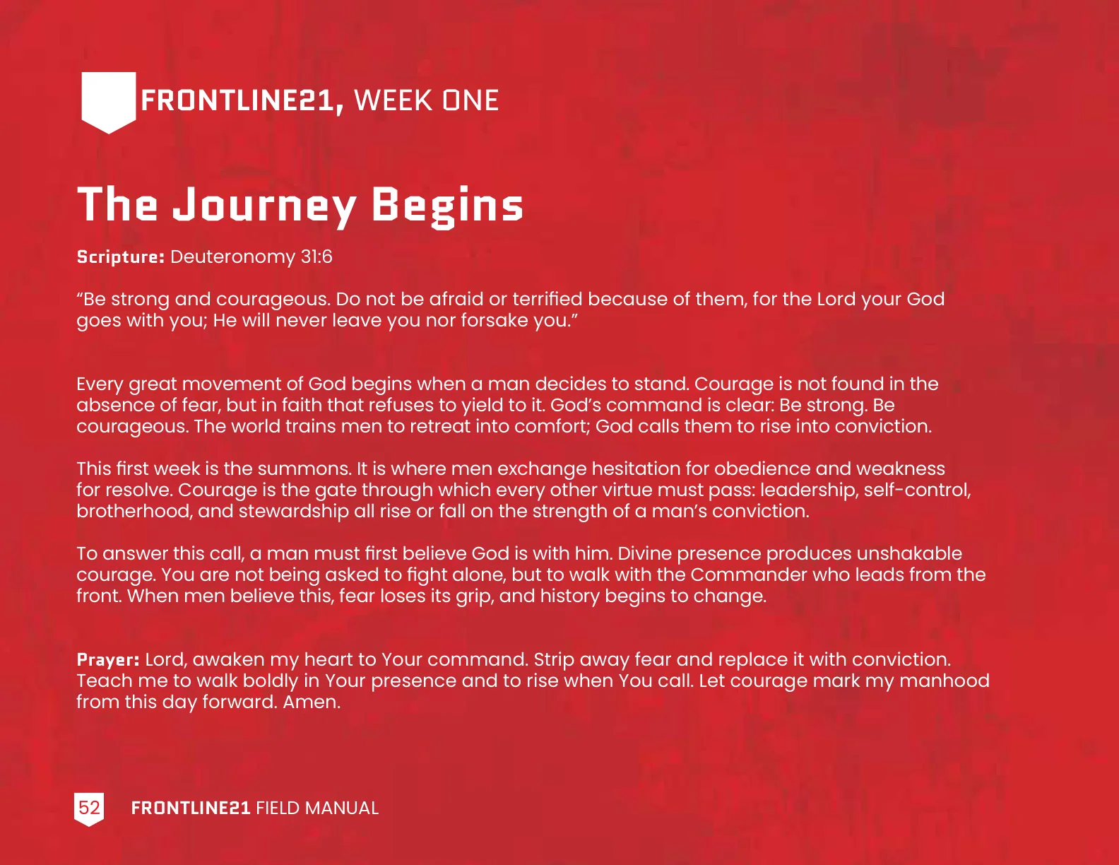 A page from inside the Field Manual: Week One, The Journey Begins, with its scripture, reading and prayer.