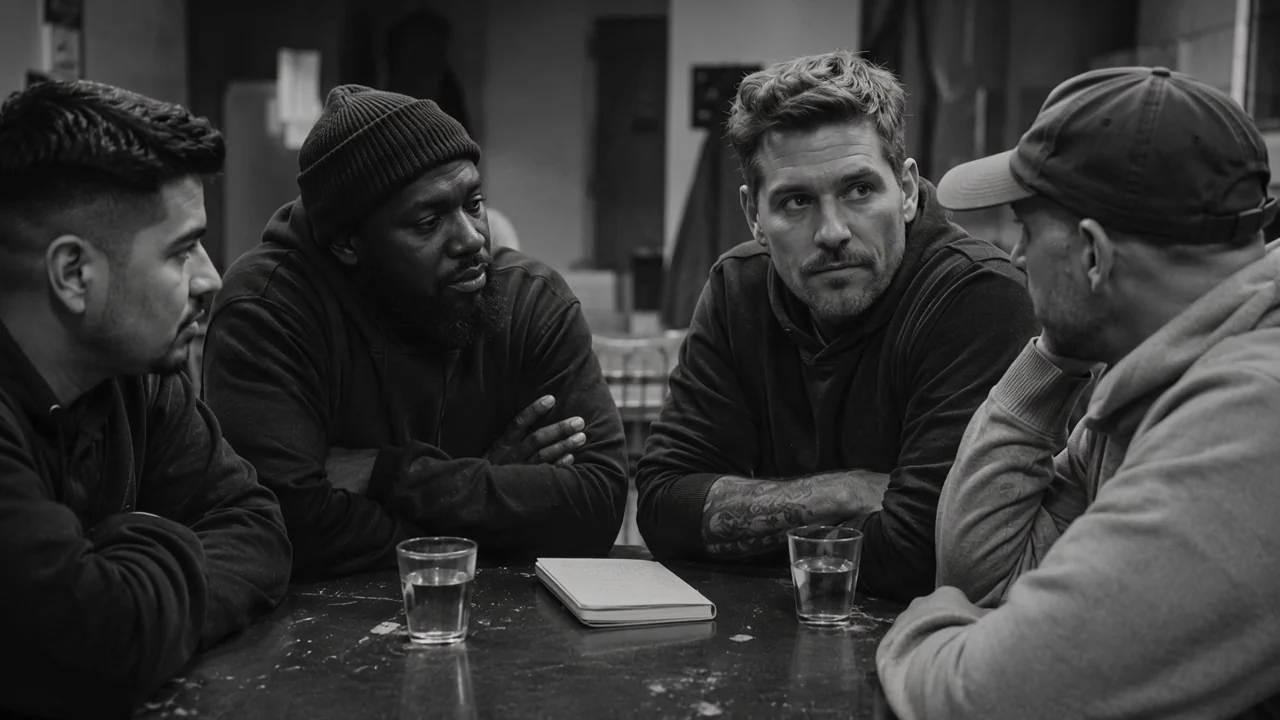 Four men lean in around a table with an open notebook and two glasses of water between them, one listening hard while another speaks.