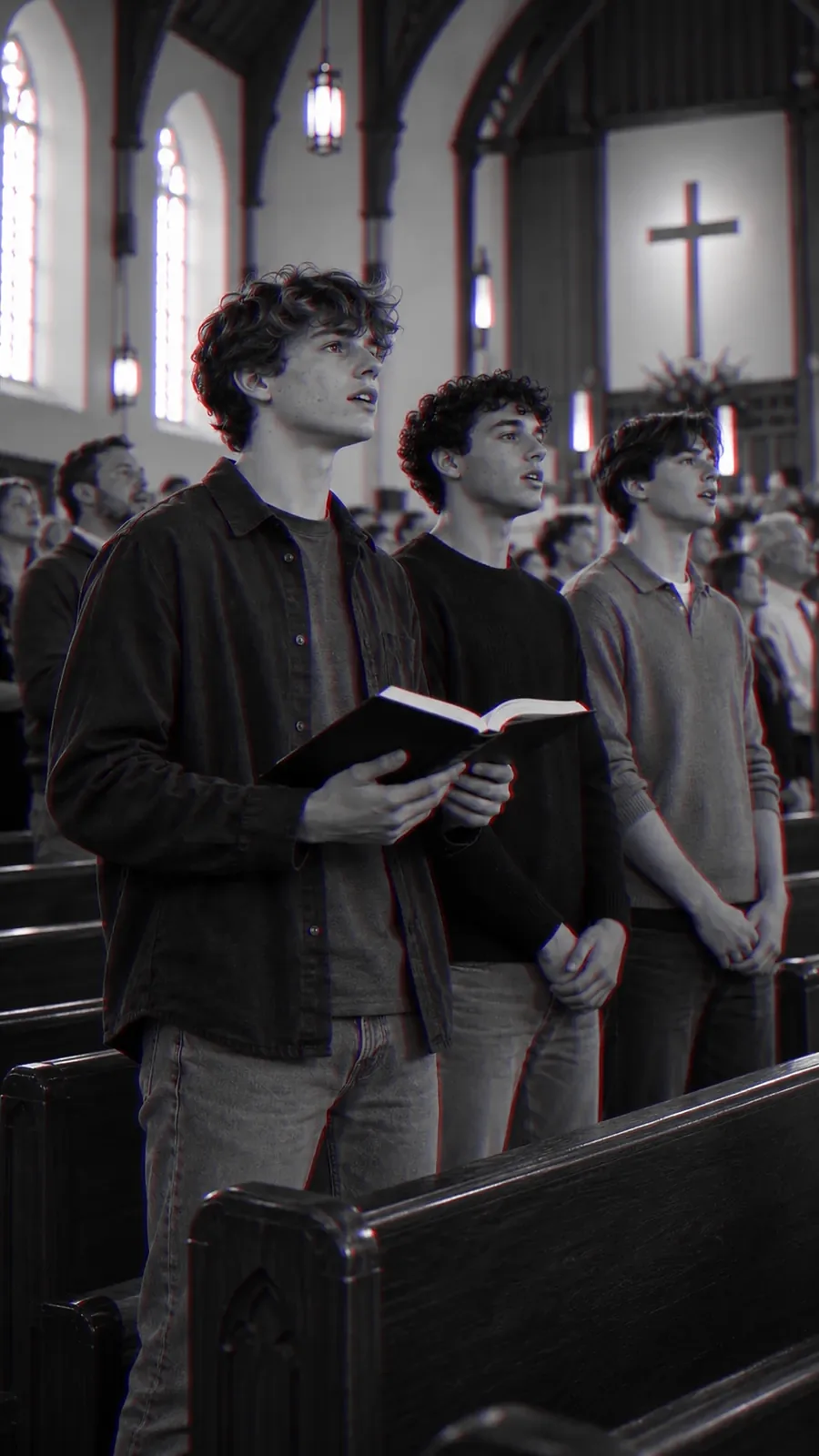 Three young men stand together in a church pew, the nearest holding an open book, all of them facing forward.