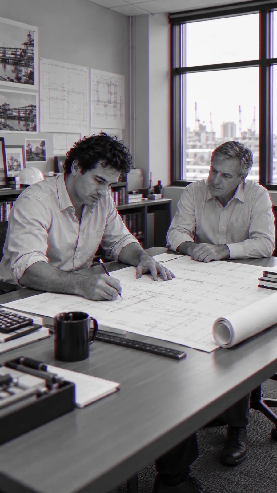 Two men lean over a large drawing at a drafting table; the younger one marks a correction on it while the older watches.