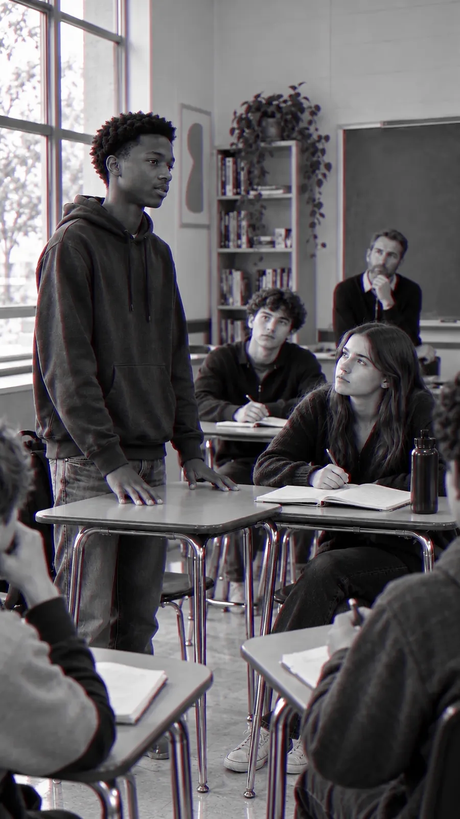 A young man stands at his desk in a classroom and speaks; his classmates and his teacher turn to listen.