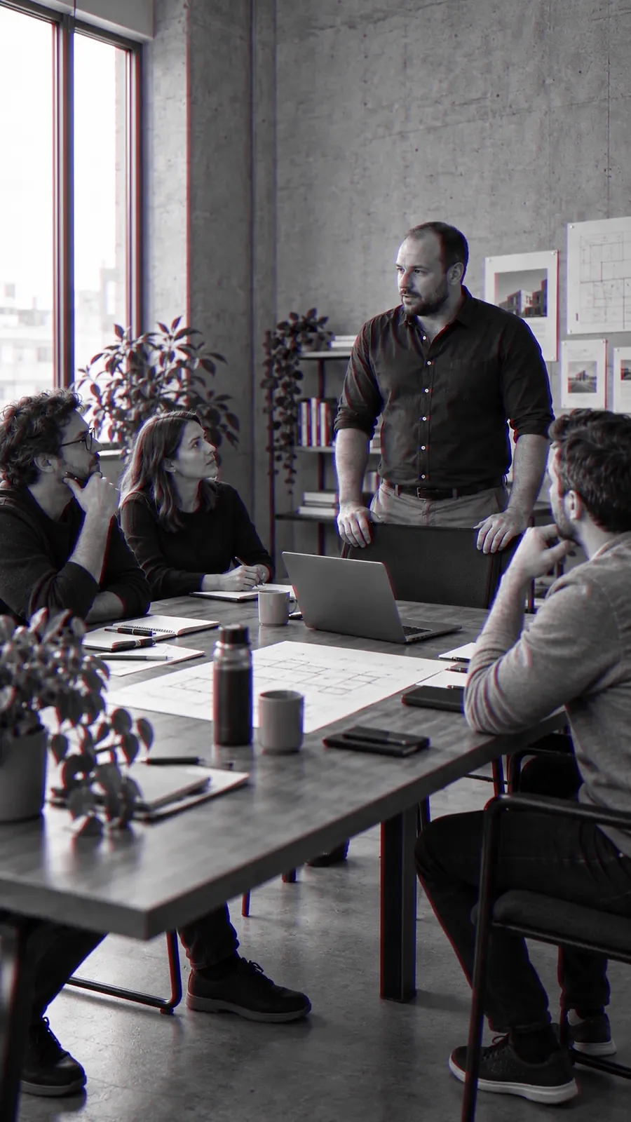 A man stands at the end of a meeting table and speaks to the colleagues seated around it.