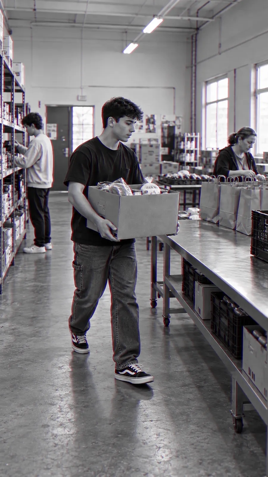 A young man carries a loaded box down the aisle of a food pantry while volunteers work the shelves behind him.