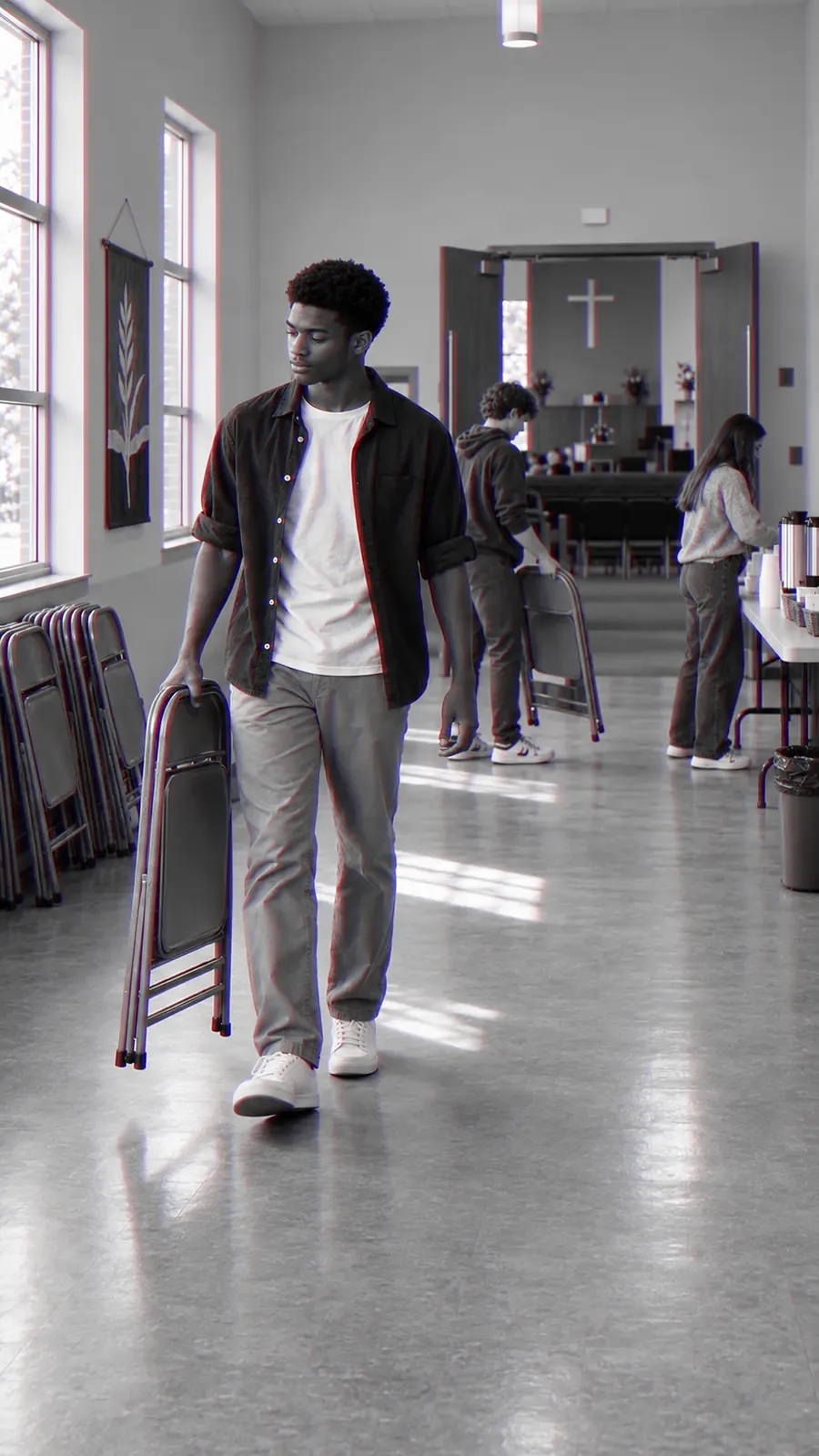 A young man carries a folding chair across a church hall while others stack and clear the room behind him.