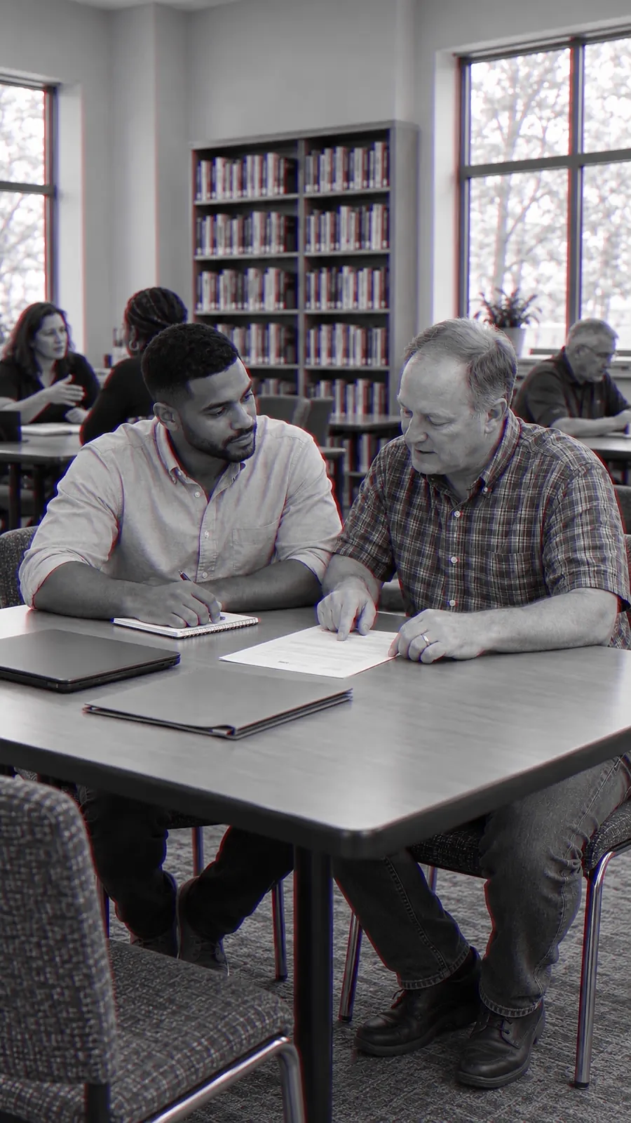 A younger man and an older man sit side by side at a library table, working through the pages between them.