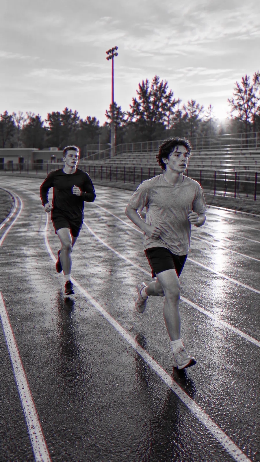 Two young men run on a wet track at sunrise, the stands empty around them.