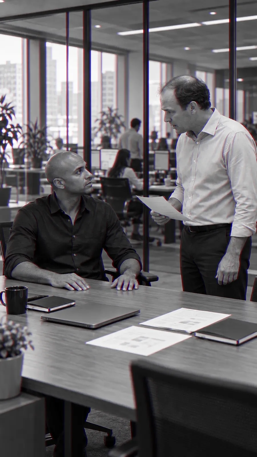 A seated man listens without answering back while a colleague stands over him holding a page.