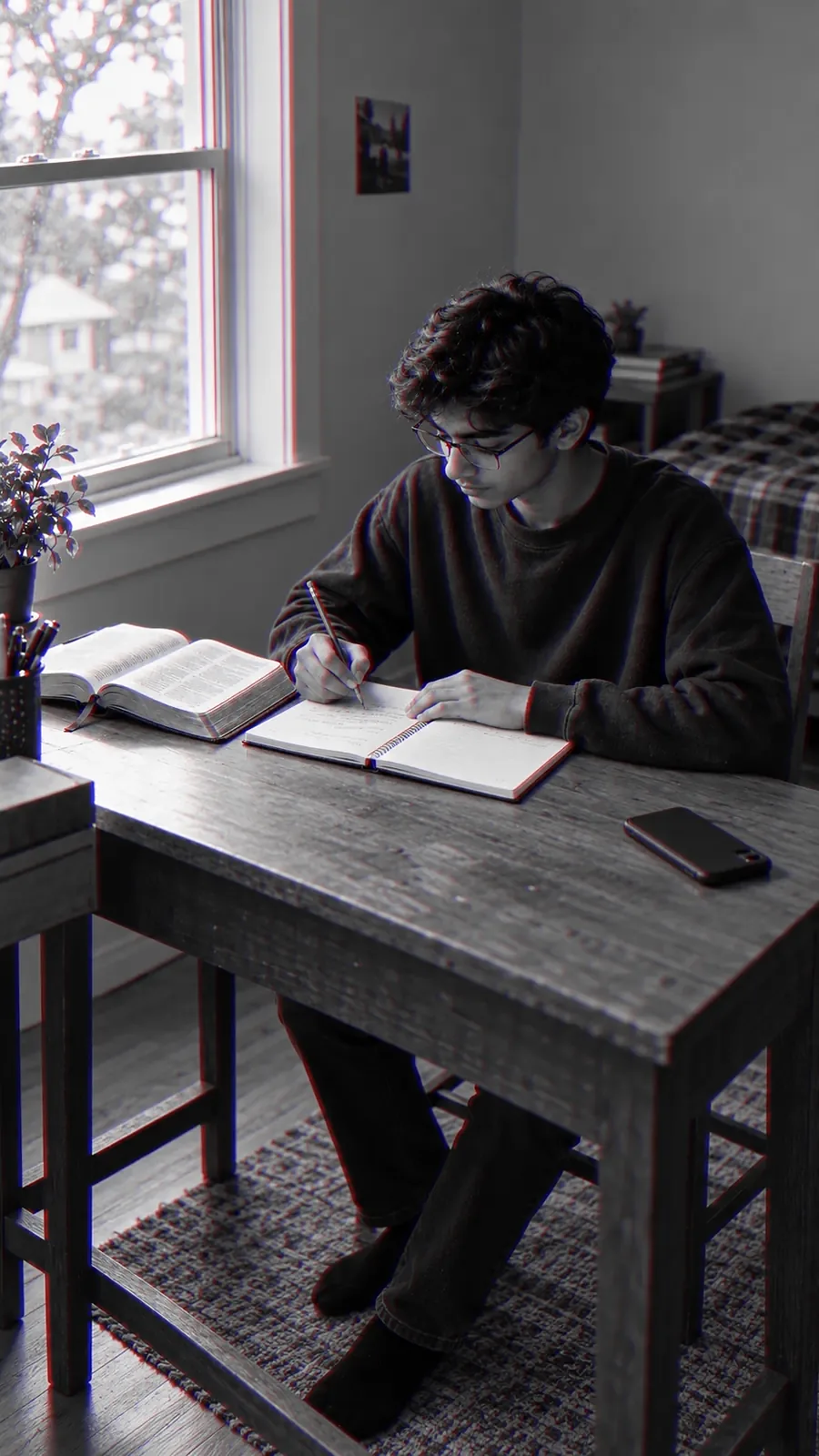 A young man writes in a notebook at a table by a window, an open book beside him and his phone face down.