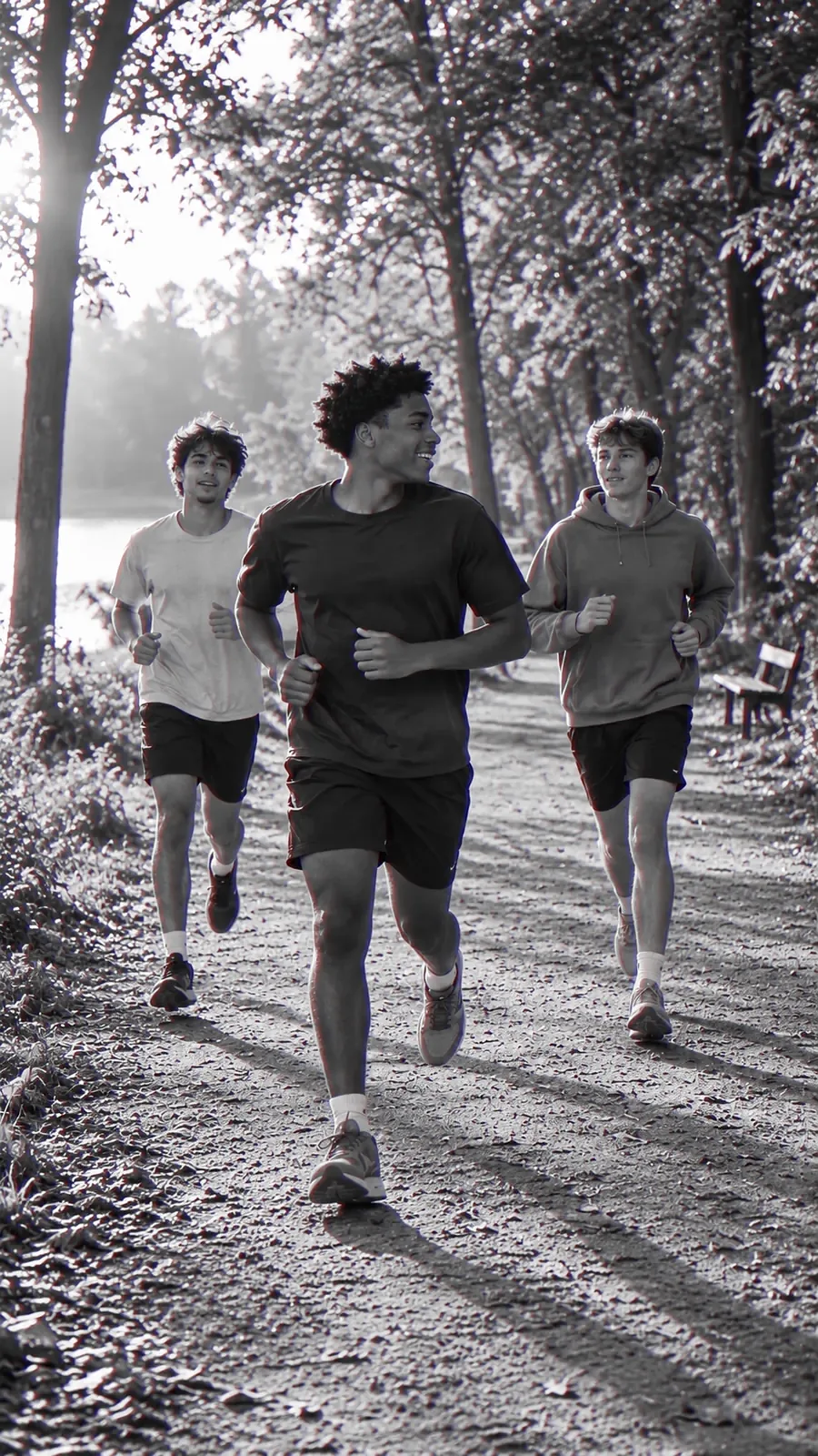 Three young men run together on a wooded path, keeping the same pace.