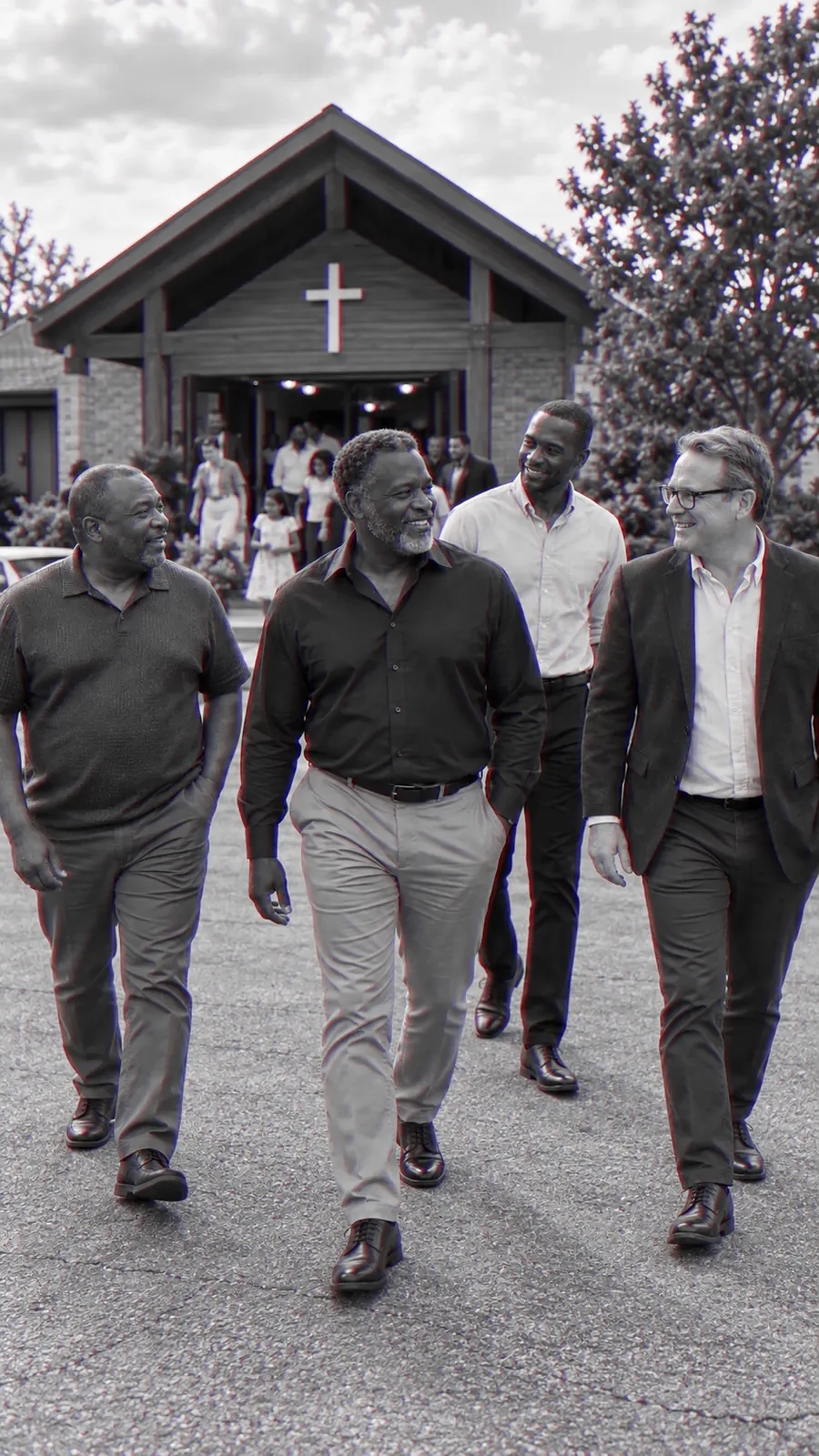 Four men of different ages walk away from a church together after the service, still talking.