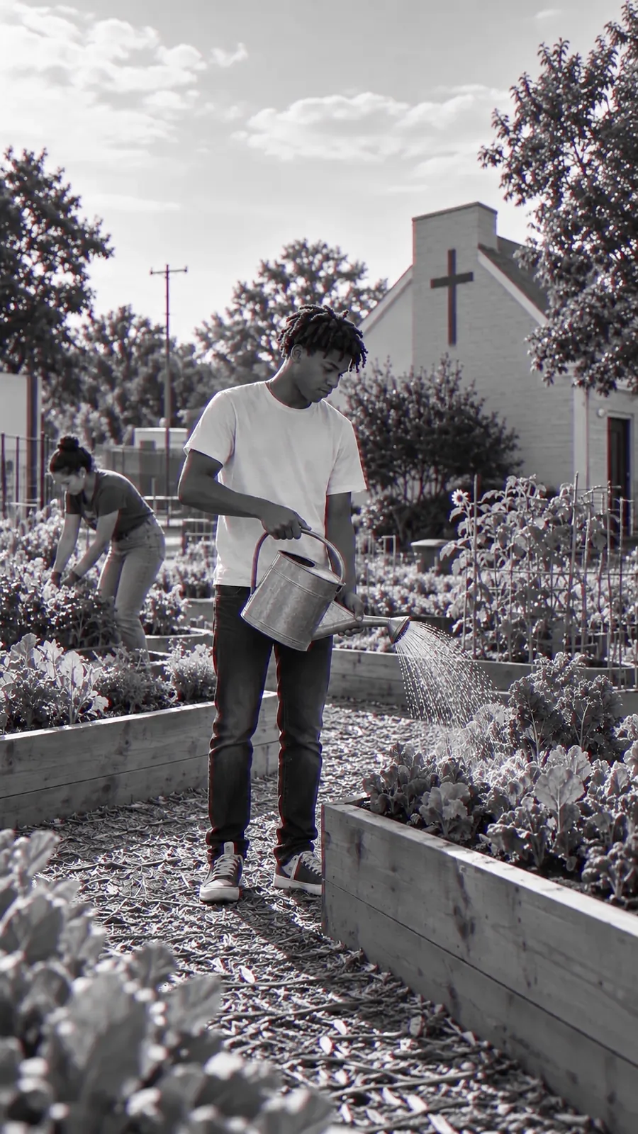 A young man waters raised beds in a church garden while another works the row behind him.