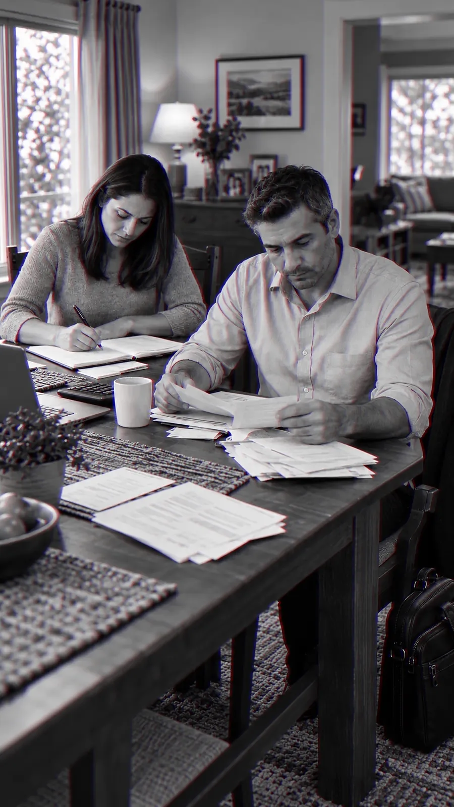 A man and his wife sit at the dining table at night with the household papers spread out in front of them.
