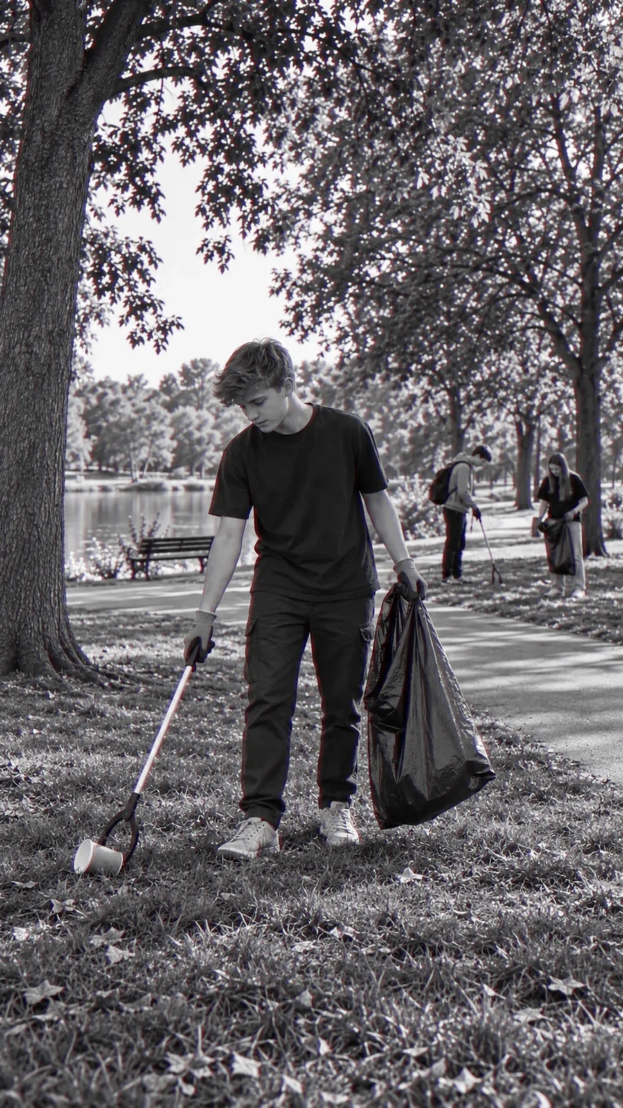 A young man works his way across a park with a litter picker and a bag, clearing up after other people.