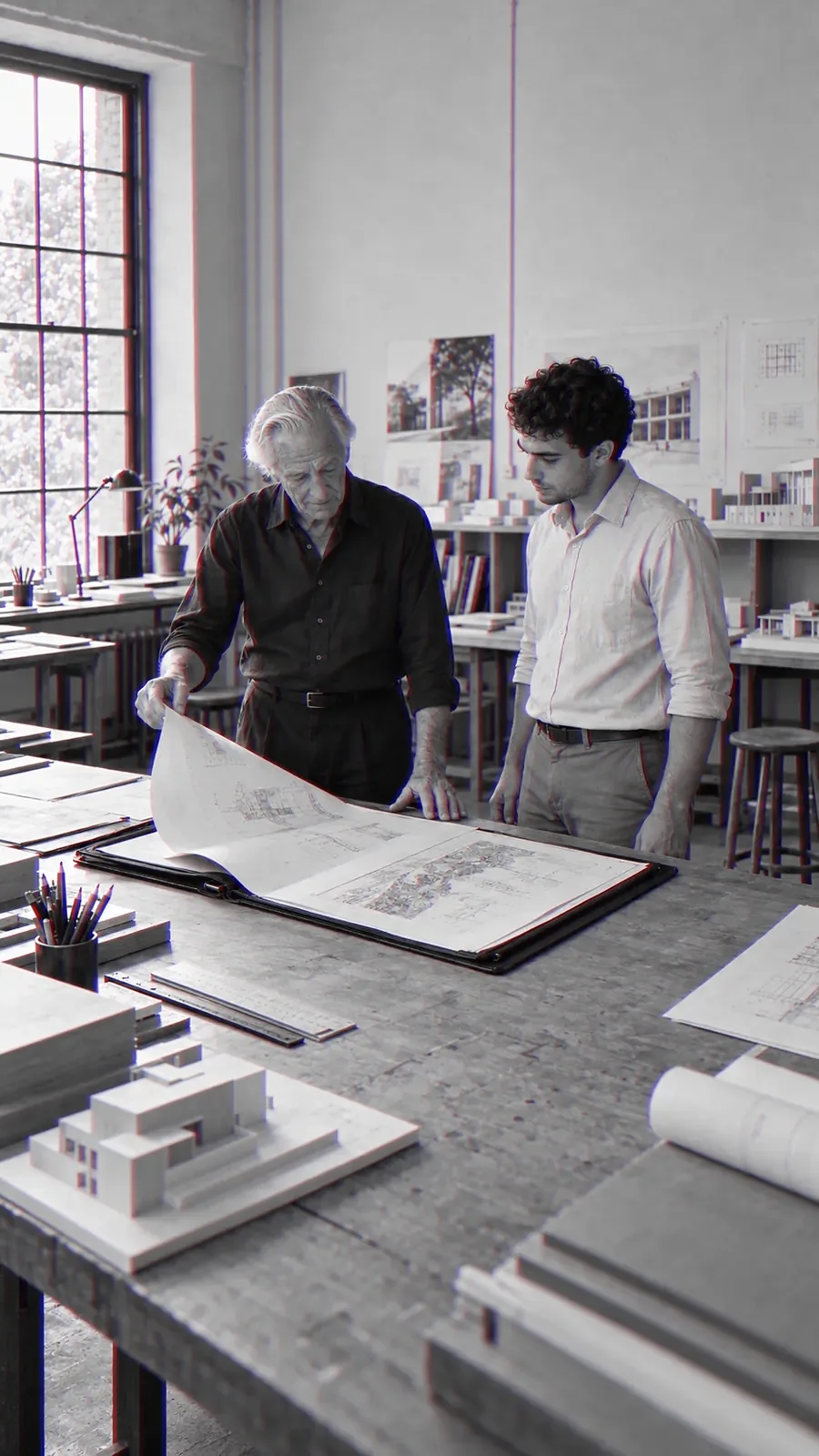 An older man unrolls a drawing for a younger one at a studio table, models of the building beside them.