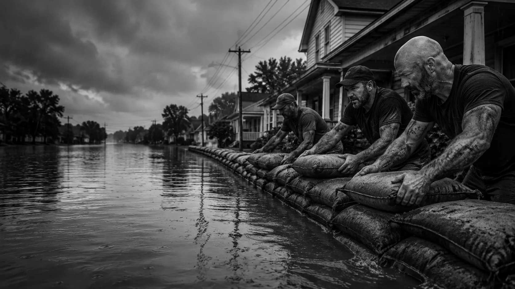 Men of different ages pass sandbags along a line to build a barrier across a flooded street.