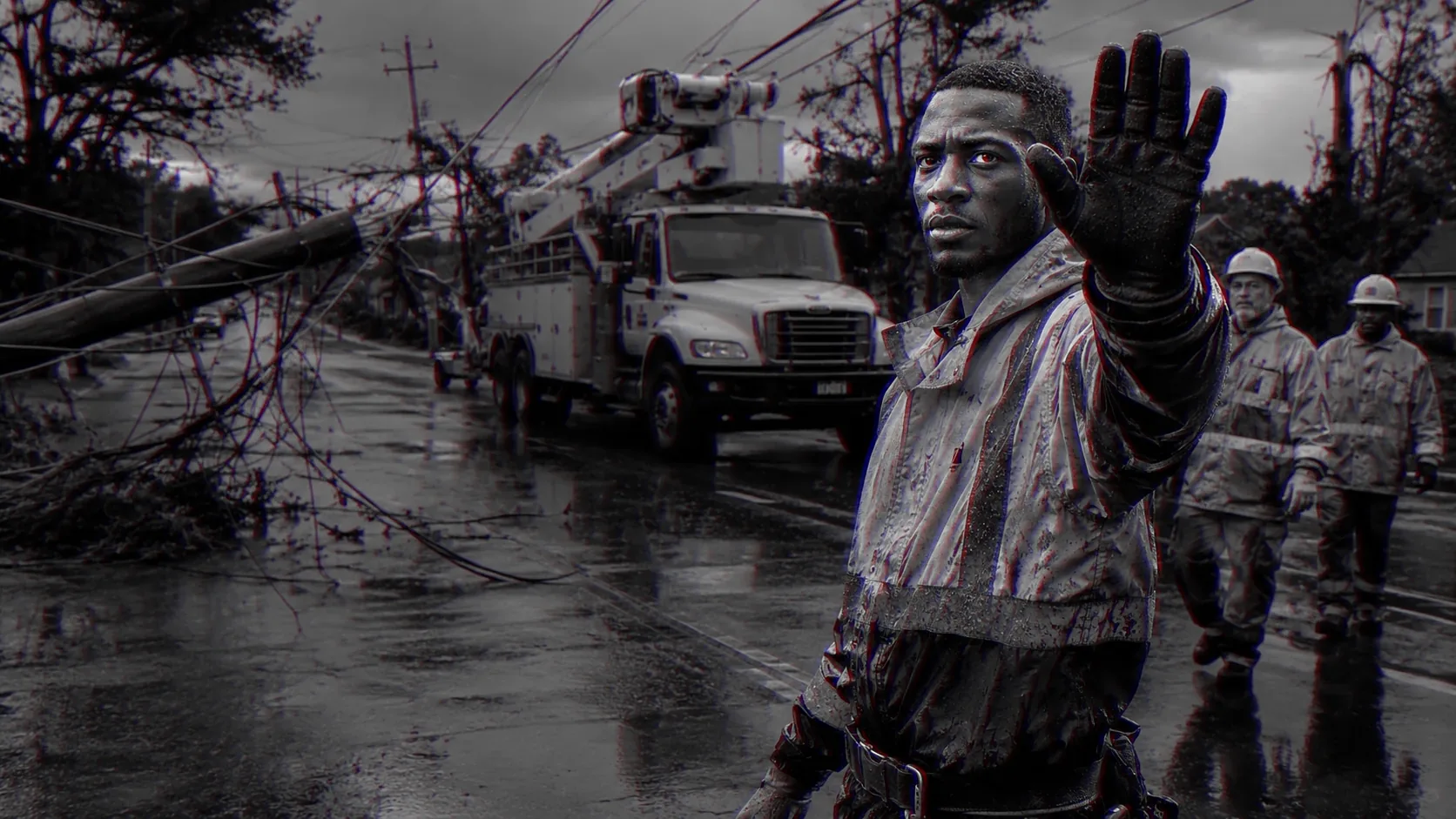 A lineman in the rain holds up a hand to halt the crew behind him at a downed power line.