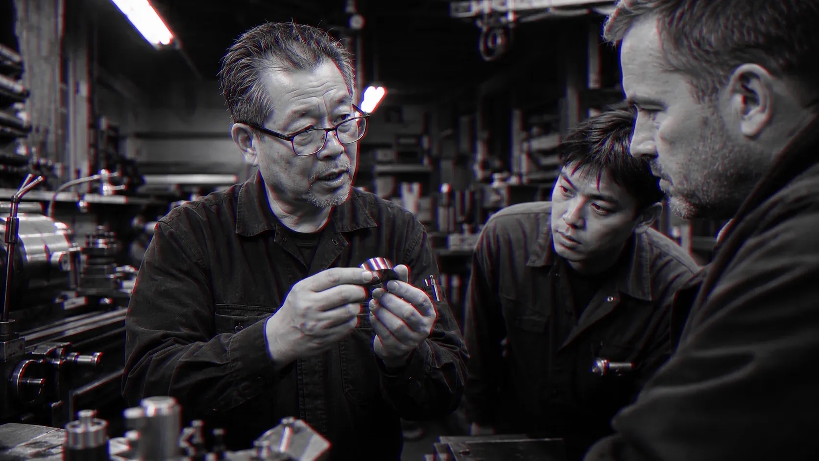 A machinist holds up a flawed part and shows two colleagues what went wrong with it.