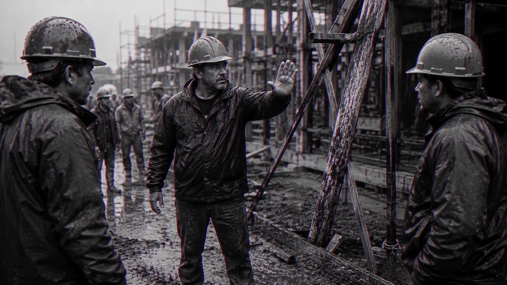 A man on a site raises a hand to stop the work while the others look up.