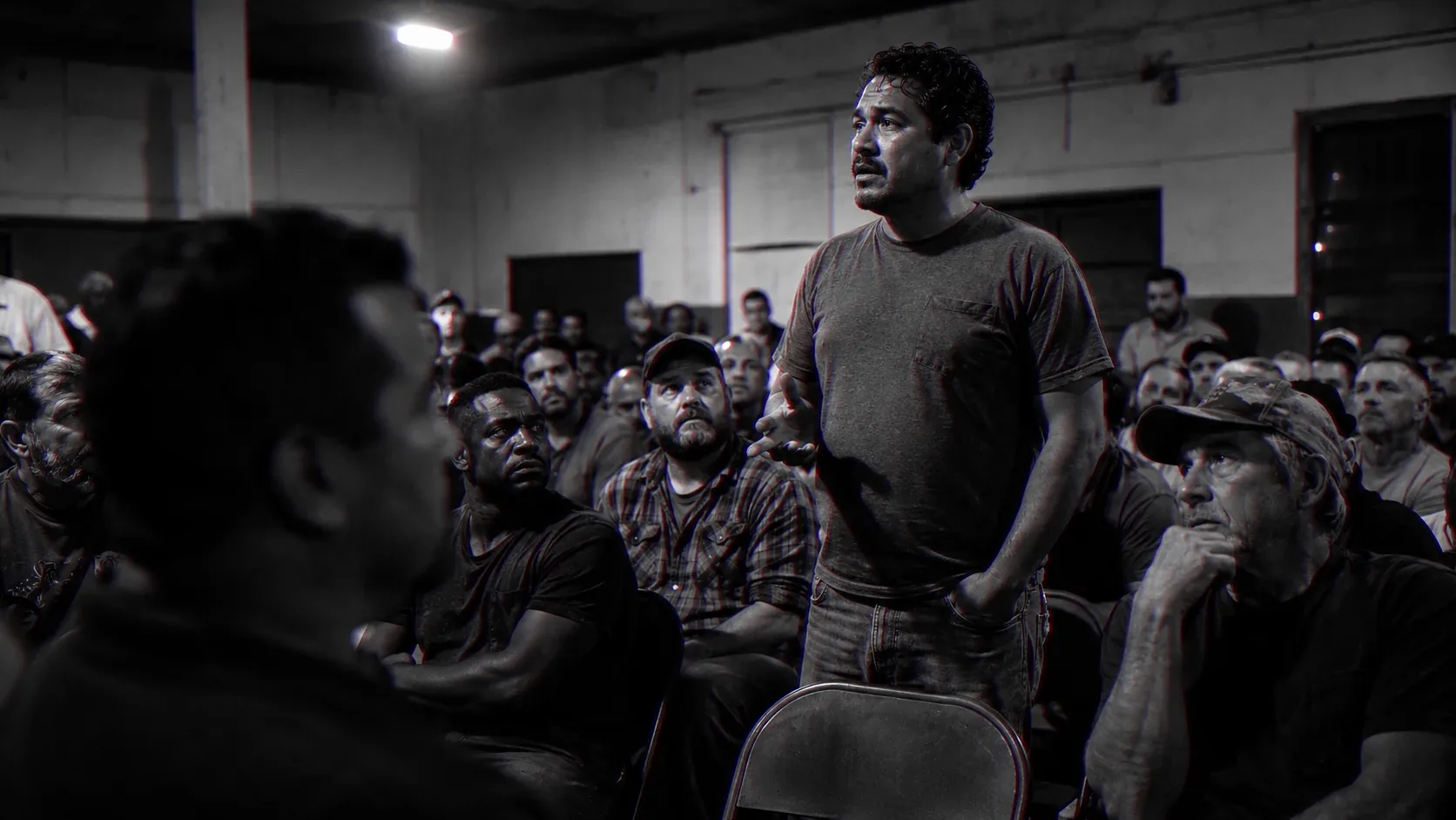 A man speaks up in a room of seated men, standing while the rest stay down.