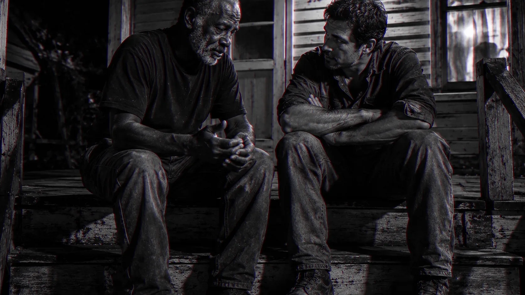 One man stays sitting with another rather than leaving him to it.