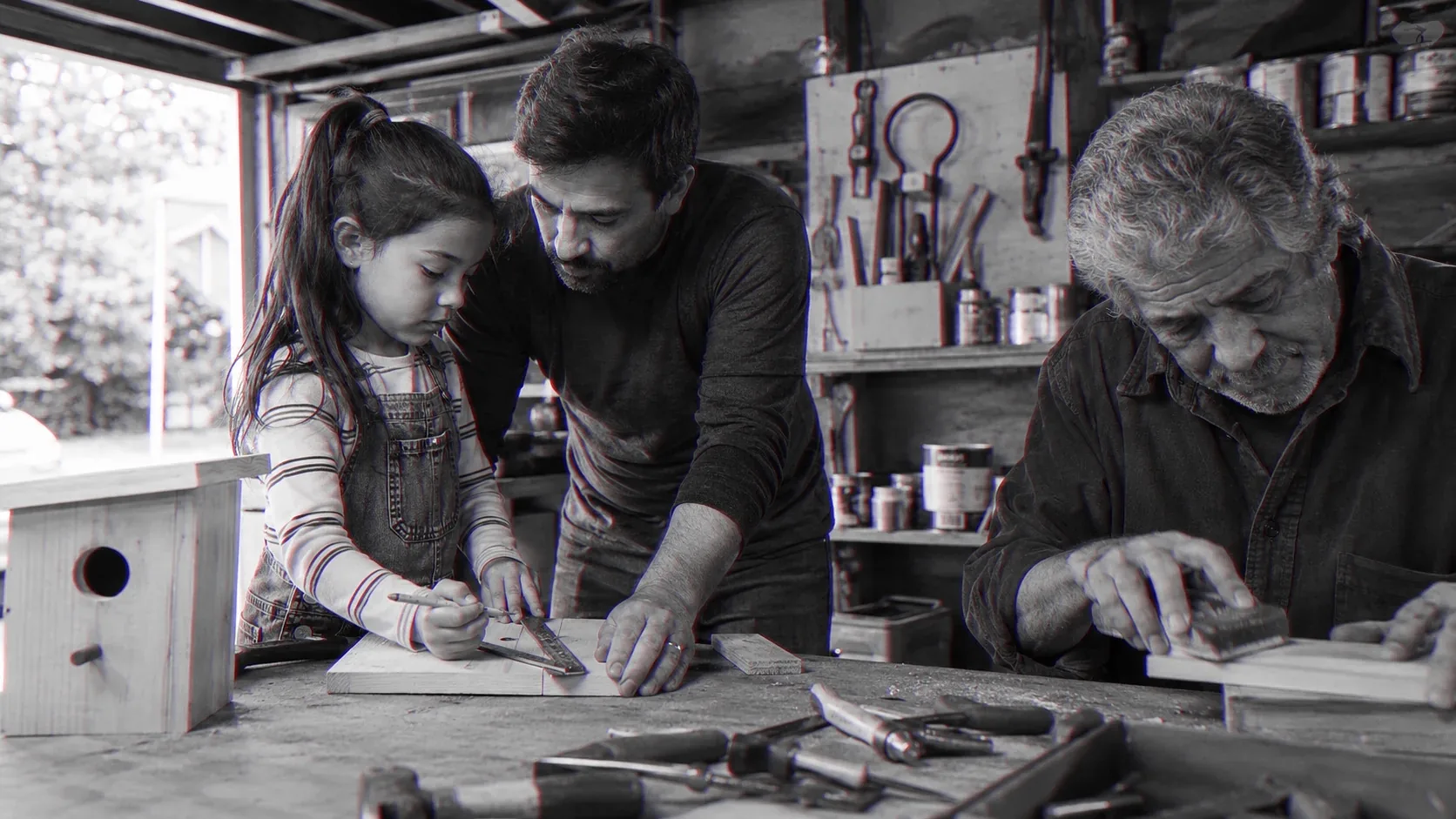 A father guides his daughter’s hands on a birdhouse at a workbench, an older man working behind them.