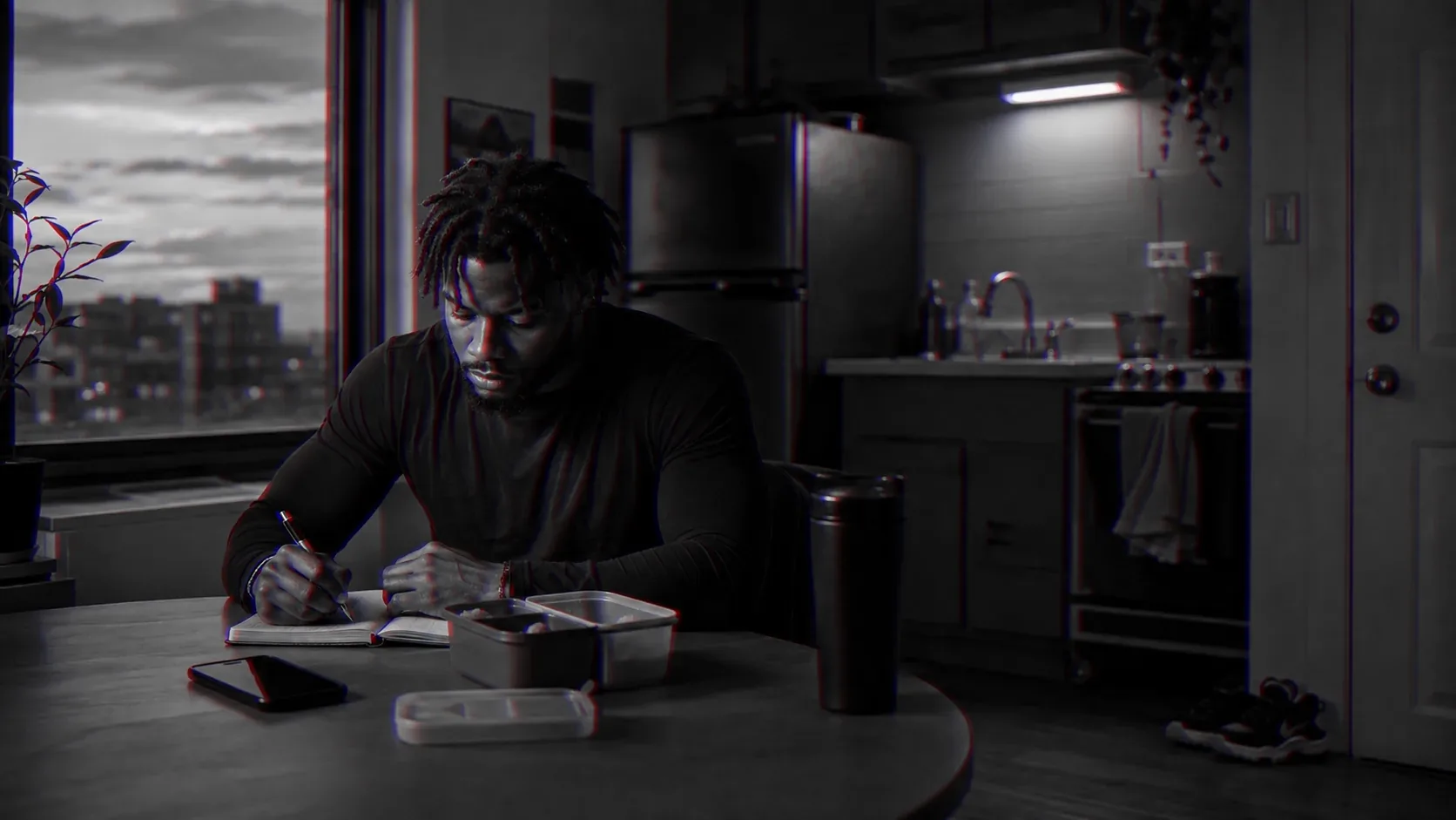 A man writes in a notebook at a kitchen table before dawn, his phone face down beside him.