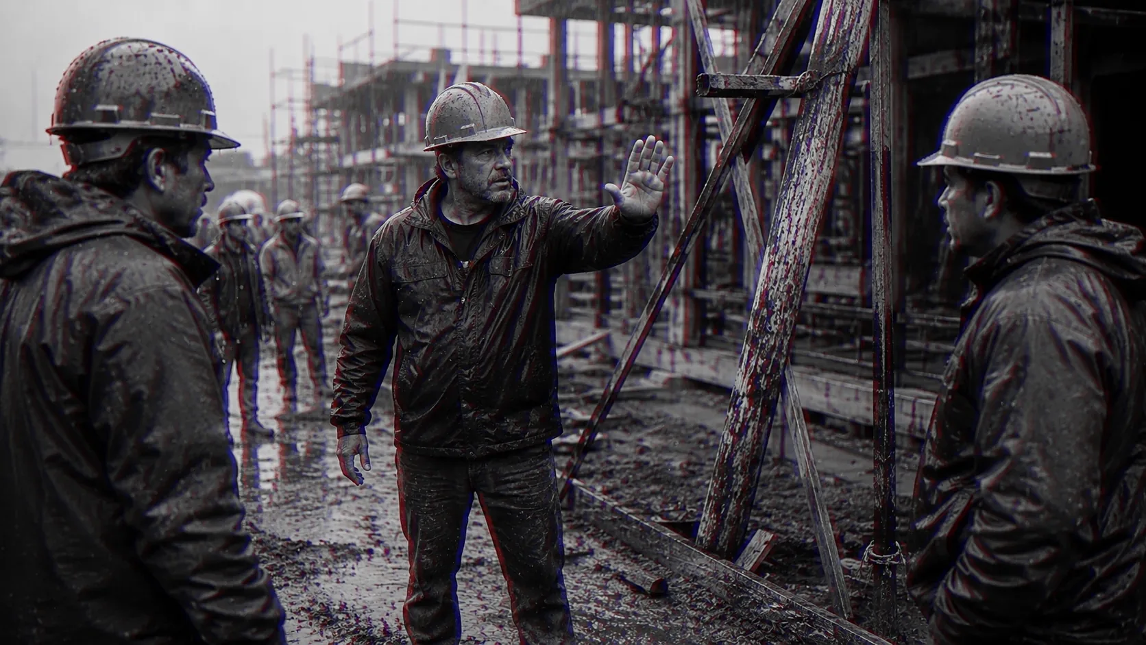 A man on a site raises a hand to stop the work while the others look up.