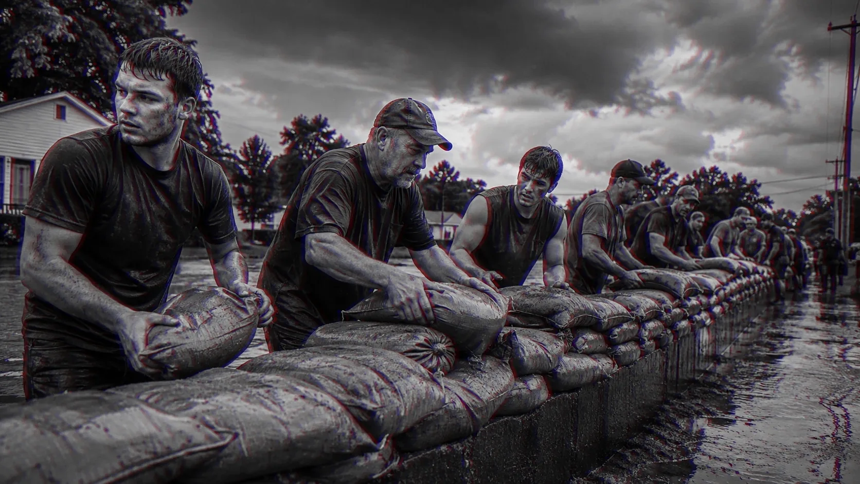 Men of several ages pass sandbags along a line against a rising flood, under a breaking storm.