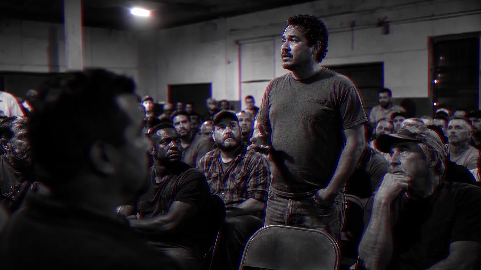 A man speaks up in a room of seated men, standing while the rest stay down.