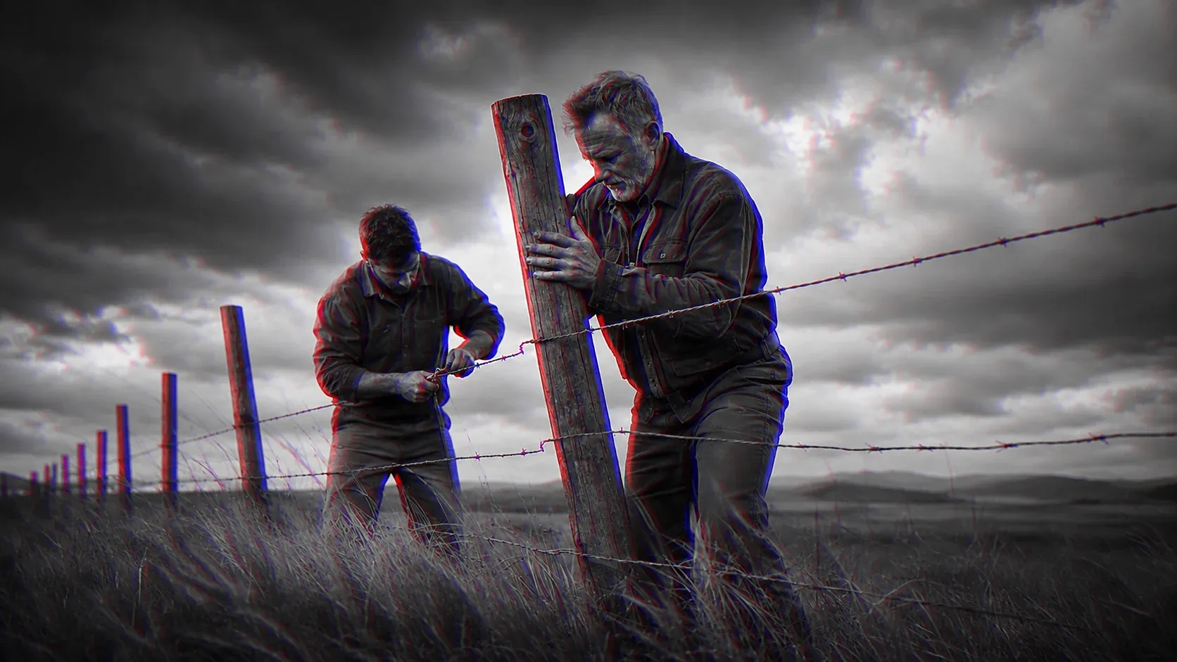 Two men brace and re-set a fence post in open country as the light goes.