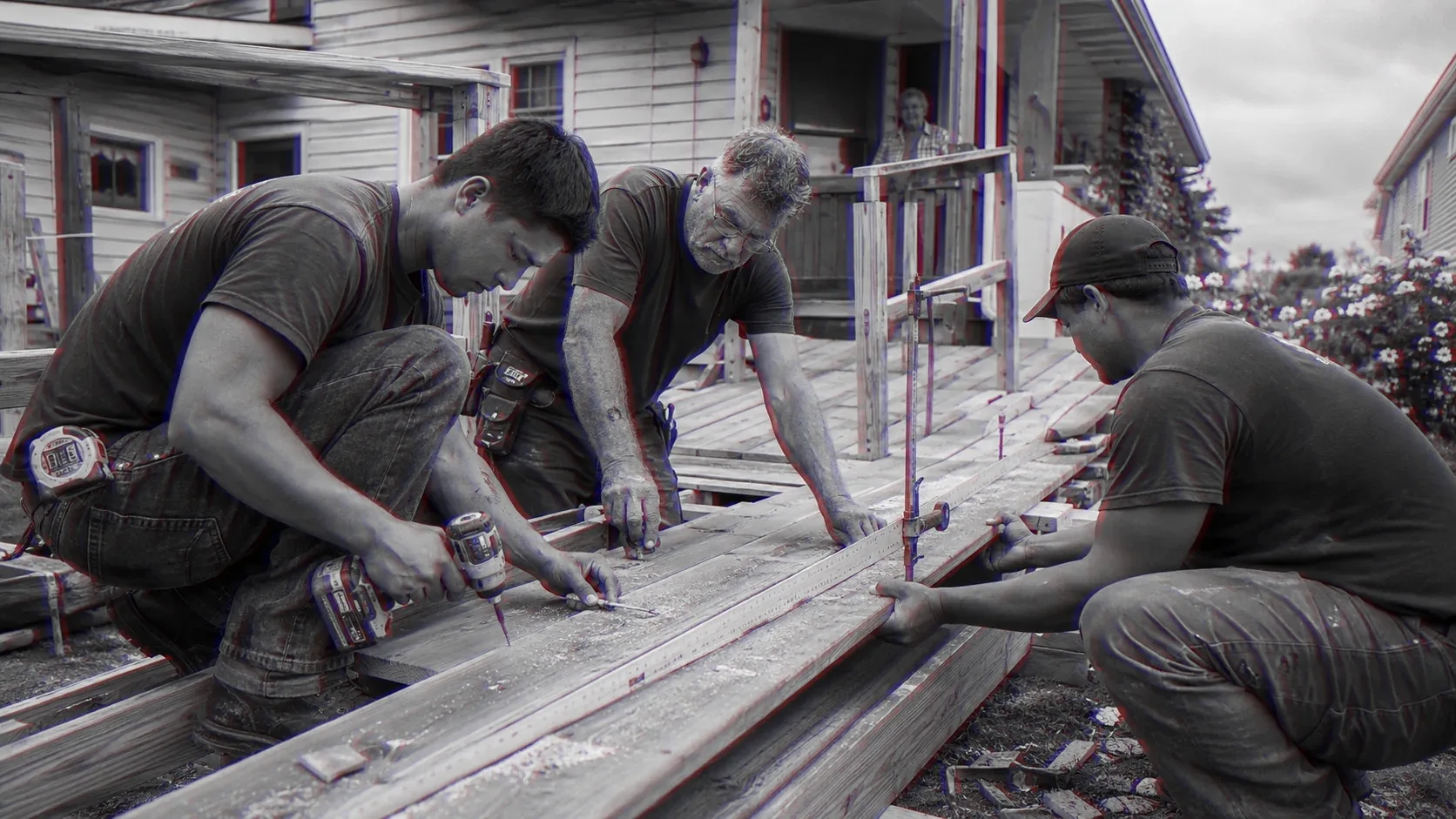 Three men kneel to fit the decking of a wheelchair ramp against a house.