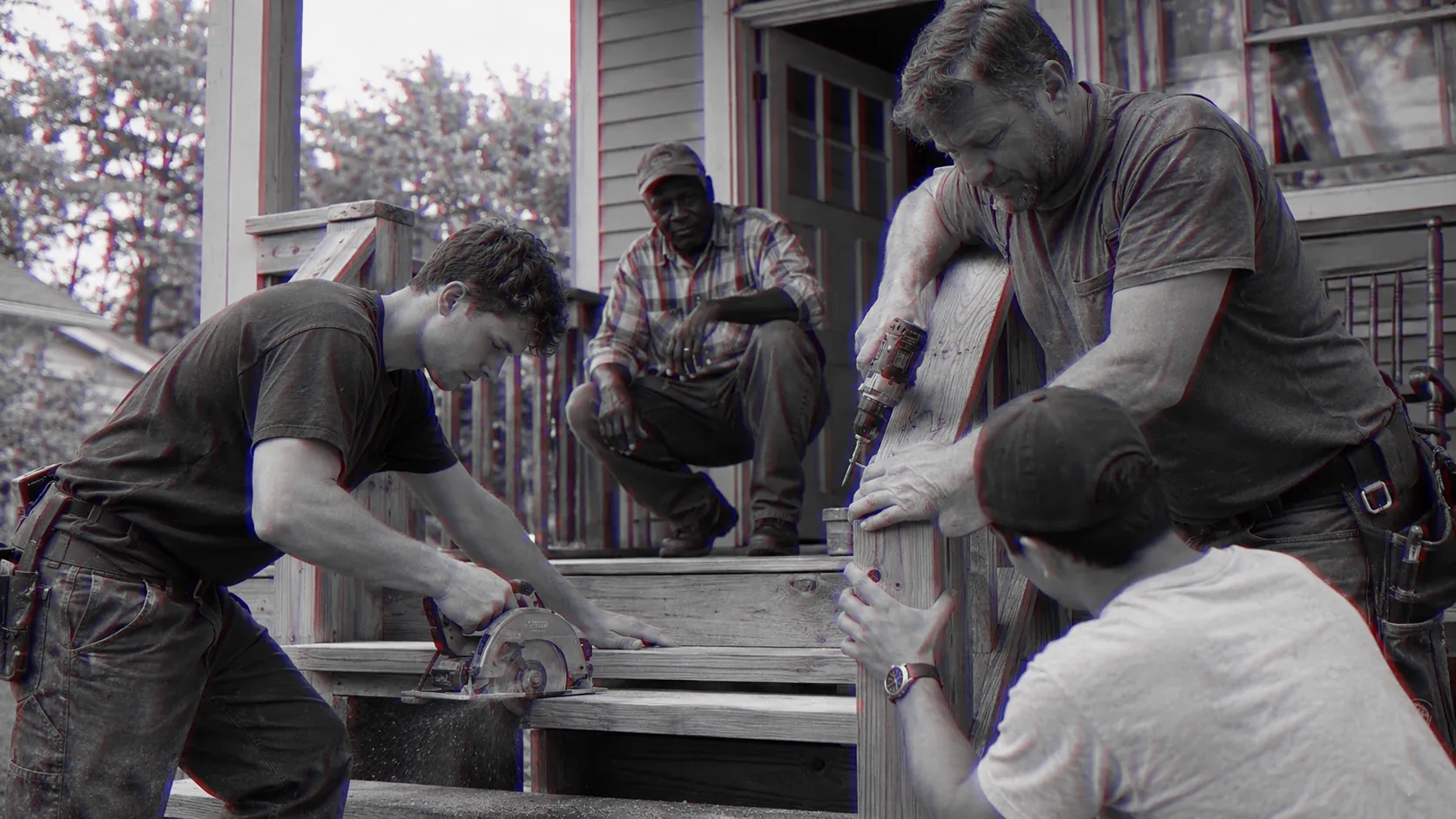 Four men rebuild a porch step together while an older neighbour watches from the doorway.